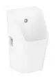 Weißes Urinal mit nach hinten zulaufendem Wasseranschluss und abwärts/hinten liegendem Ablauf. Kanten sind glatt, geeignet für moderne Sanitäranlagen von Hansgrohe.